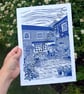 The Courtyard Café Limited Edition Lino Print in Blue