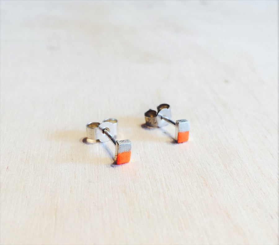 Silver and Neon Orange enamel Bar Stud Earrings