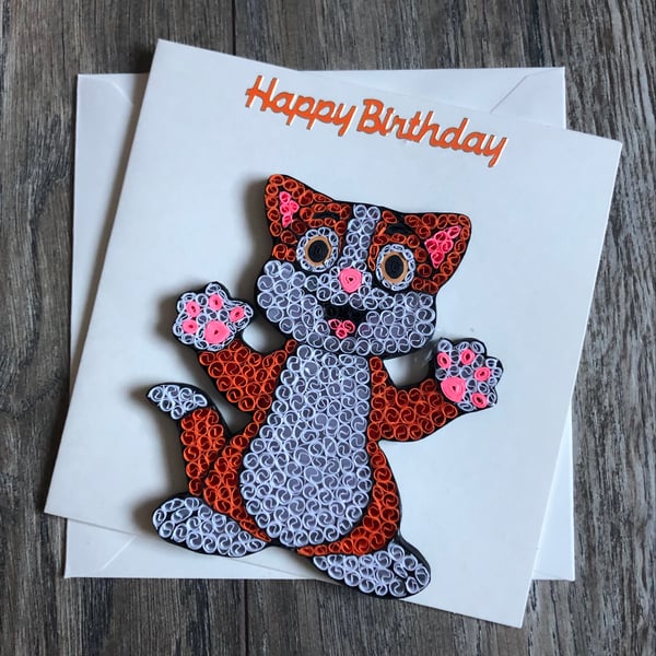 Handmade quilled ginger cat card