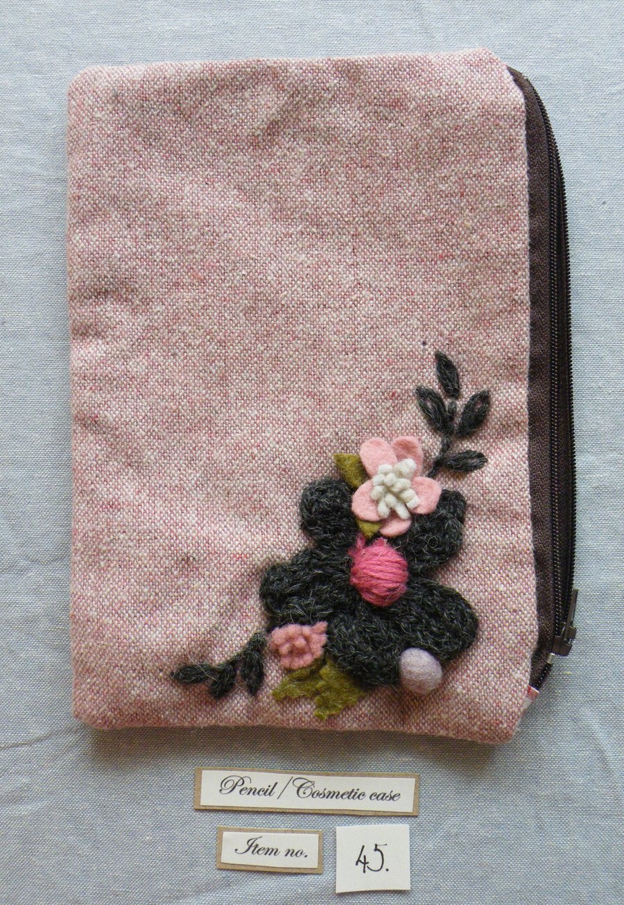 pink tweed make up bag pencil case (item no 45 ) with knitted and felt flowers