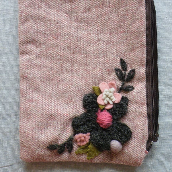 pink tweed make up bag pencil case (item no 45 ) with knitted and felt flowers