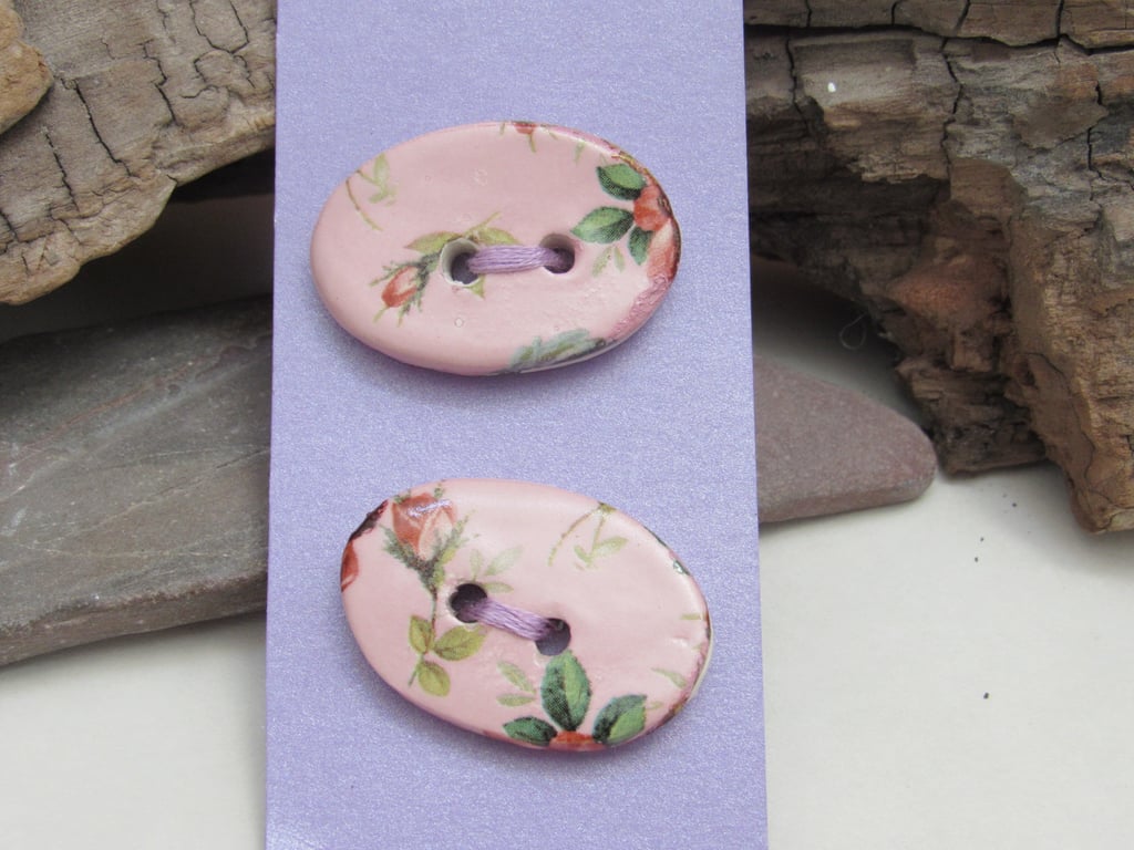 2 Pink Chintz Oval Ceramic Buttons