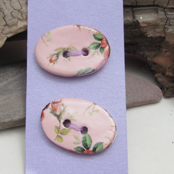 2 Pink Chintz Oval Ceramic Buttons