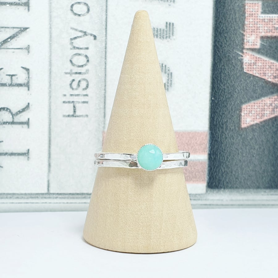 Amazonite, sterling silver gemstone stacking ring duo set with hammered detail