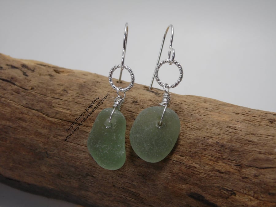 Mismatched Sage Green Cornish Sea Glass Earrings on Diamond Cut Rings E624