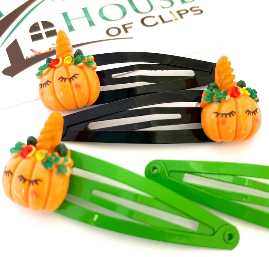 Unicorn Pumpkin Hair Clips - Halloween Pumpkin Hair Clips - Halloween Snap Clips