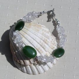 Green Nephrite Jade & Clear Quartz Gemstone Crystal Bracelet "Frosty Pine"