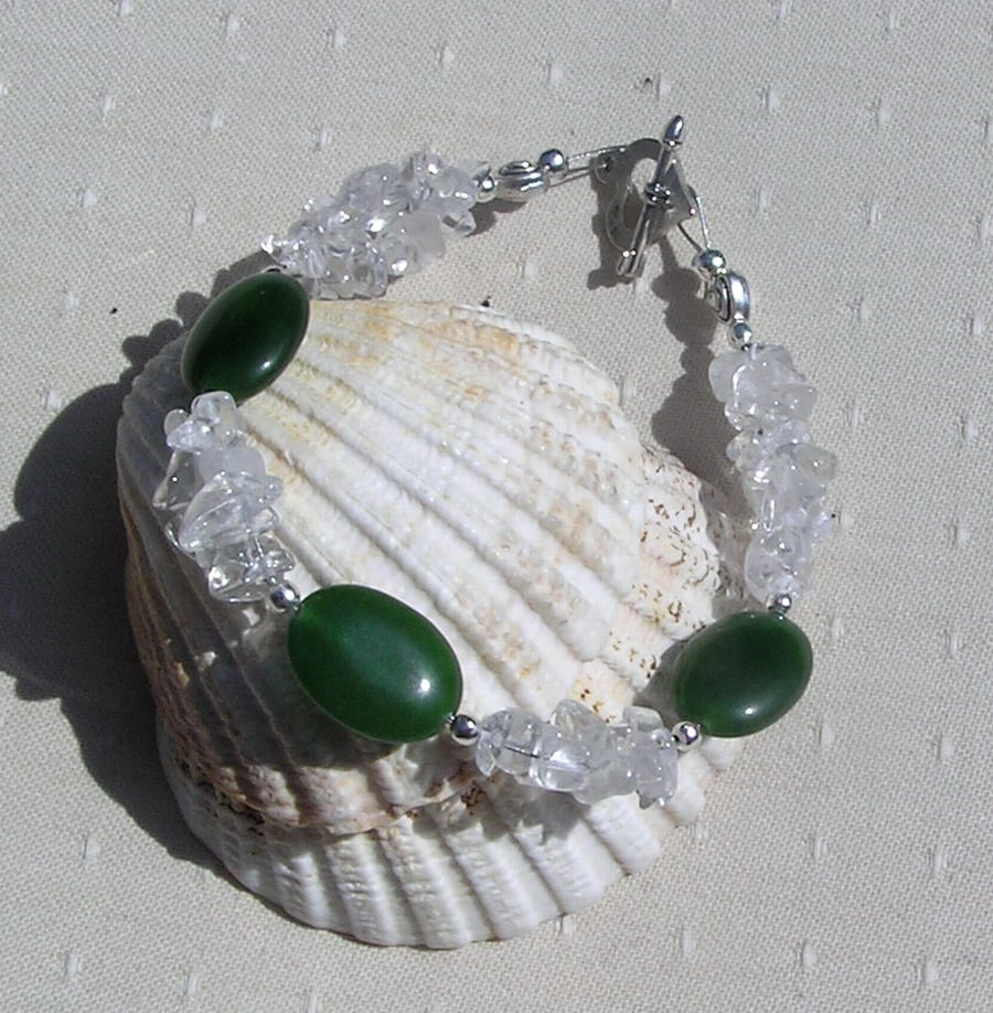 Green Nephrite Jade & Clear Quartz Gemstone Crystal Bracelet "Frosty Pine"