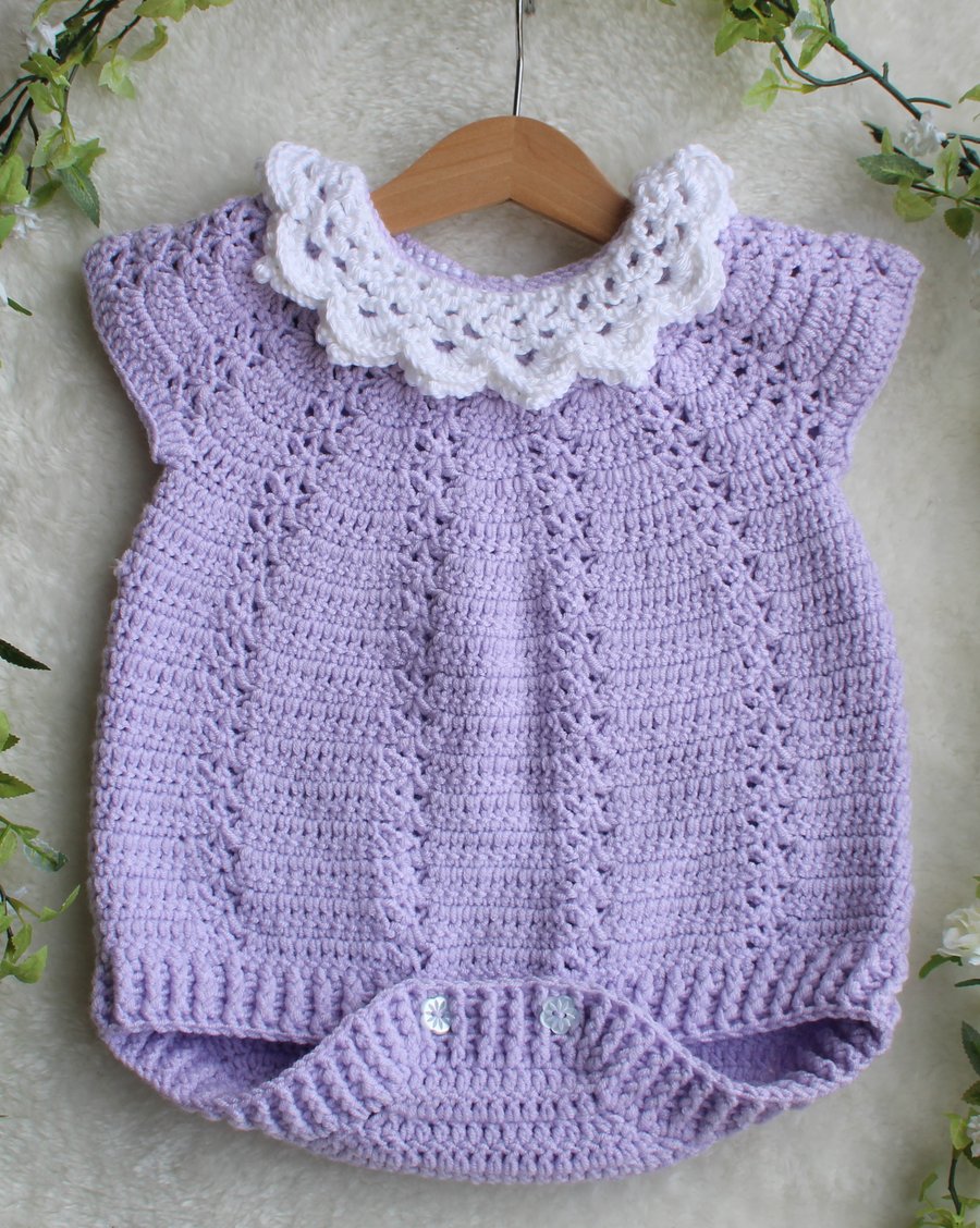 Baby Girl Romper - Lilac and White - 6-12 Months Baby - Short Sleeved Romper