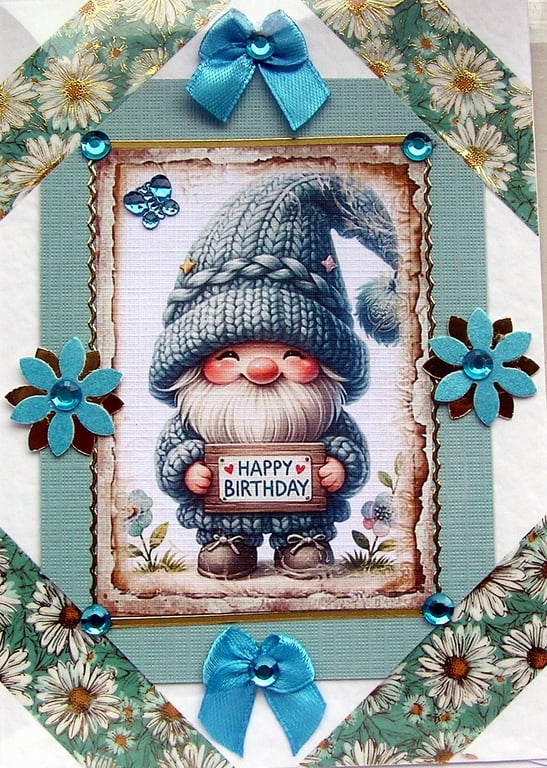 Smiling Gnome - Hand Crafted Decoupage Greeting Card - Happy Birthday - 2828