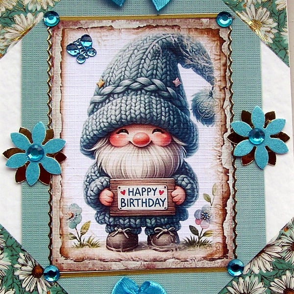 Smiling Gnome - Hand Crafted Decoupage Greeting Card - Happy Birthday - 2828