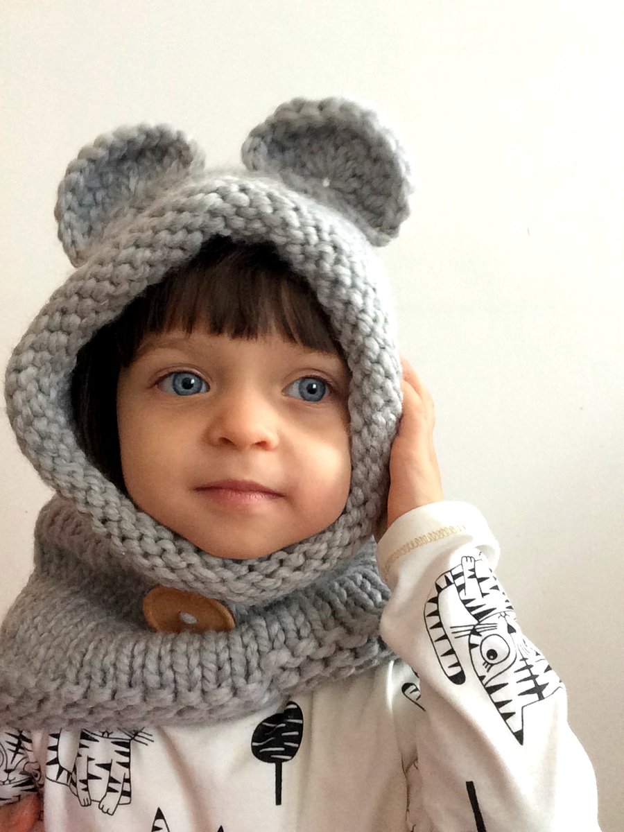 Light Grey Wool Bear Ears Snood Hooded Cowl Hat Hood Neck Warmer Scarf for Kids