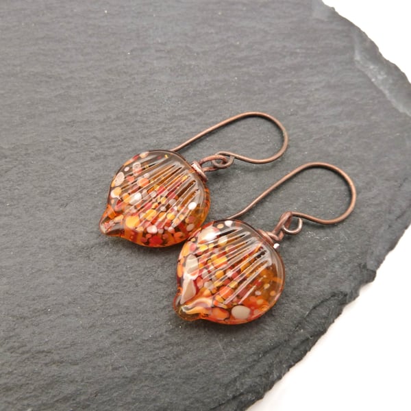 copper earrings, autumn lampwork glass leaves
