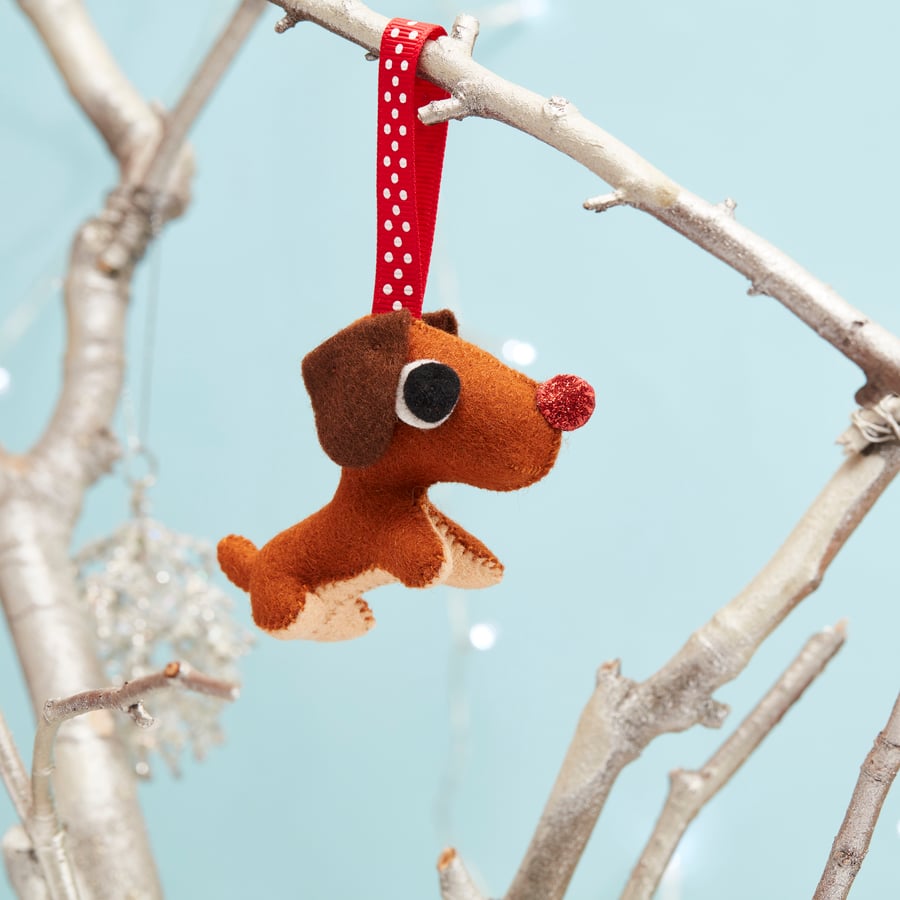 Dachshund Christmas tree ornament with a sparkly red nose