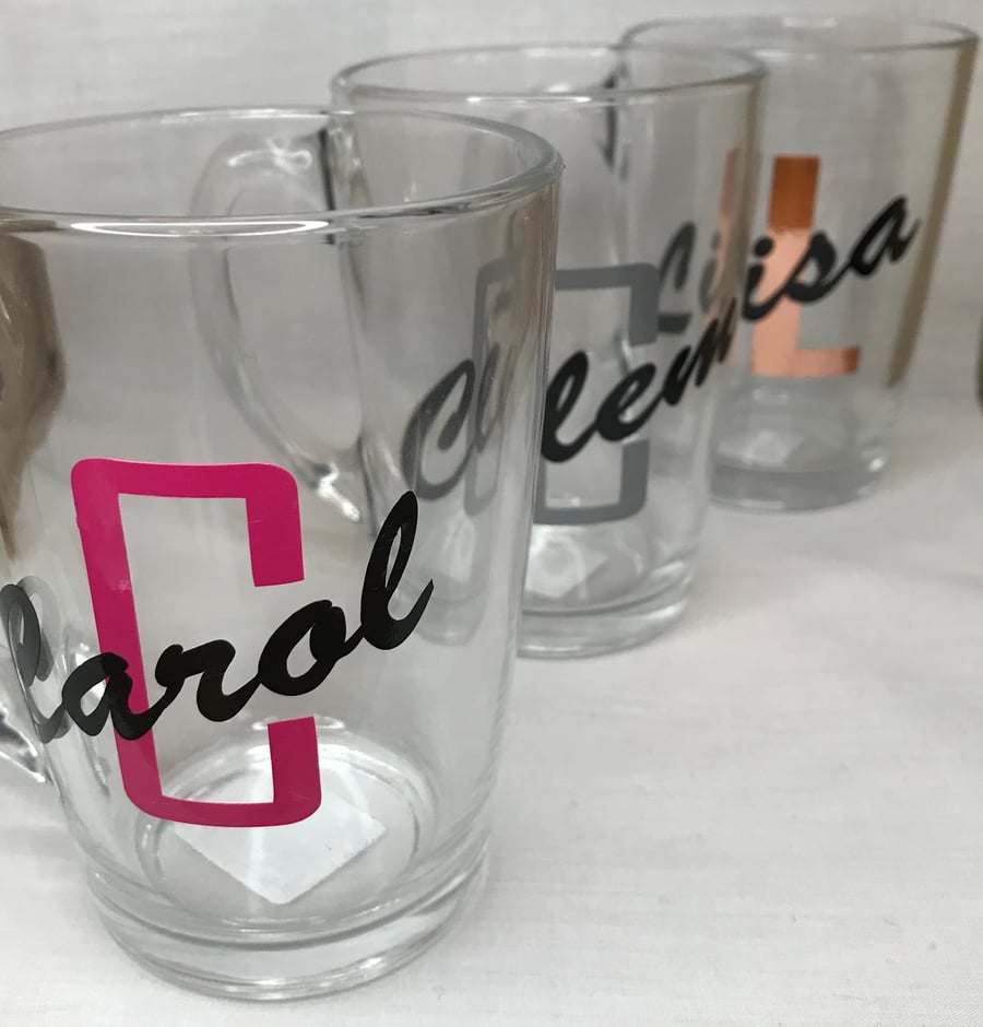 Glass coffee mug with name on in vinyl , your name on a mug.