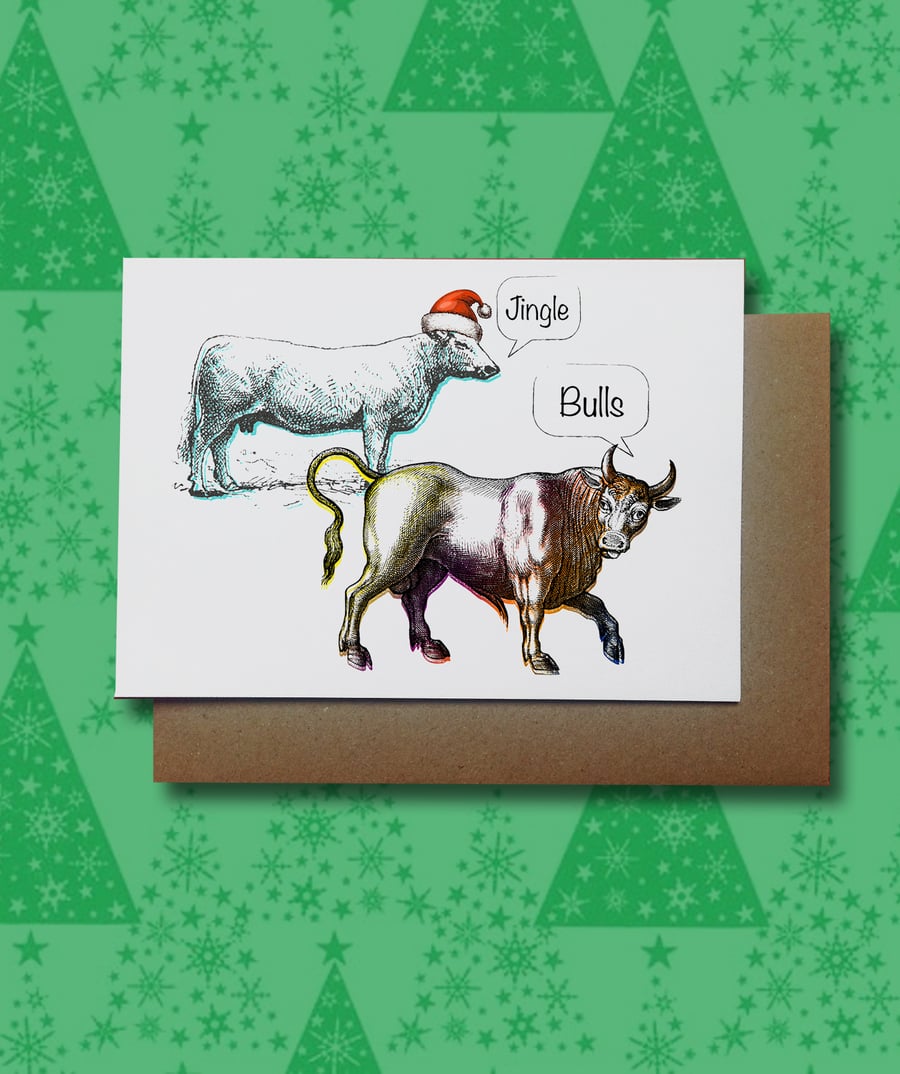 Jingle Balls Christmas Greetings Card, Cow and Bull Funny Animal Card
