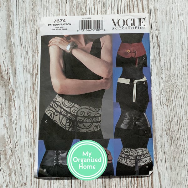 Vogue 7674 accessories sewing pattern, one size, misses belts pattern - unused i