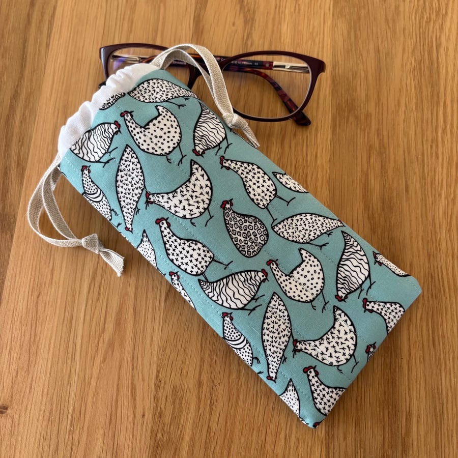 Glasses case, sunglasses pouch, padded, with drawstring,  in fun chicken design