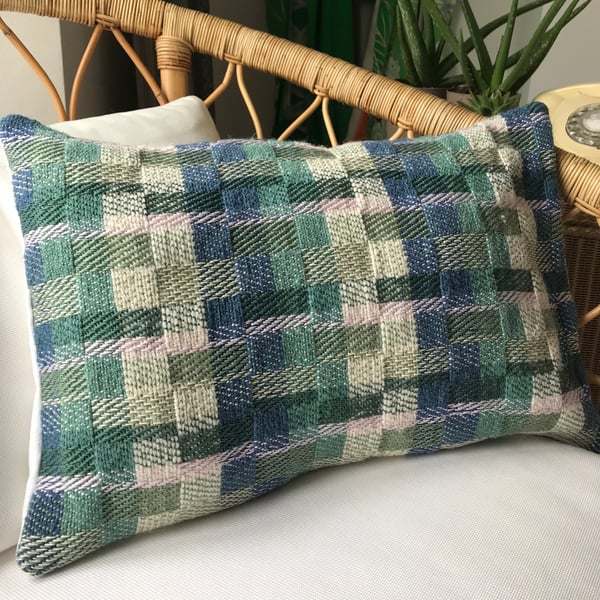 "Runswick No.1" Contemporary handwoven cushion Jade-Ivy-Denim