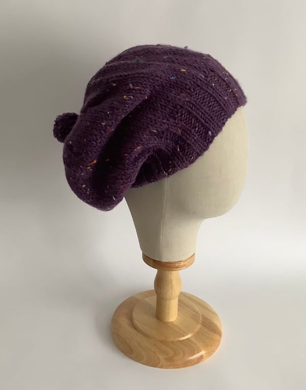 SLOUCH HAT  with pom-pom .'Delphine' . Wool blend .Purple.Tweed.