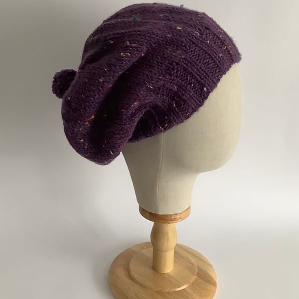 SLOUCH HAT  with pom-pom .'Delphine' . Wool blend .Purple.Tweed.