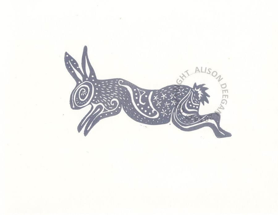 rabbit  hare Spiral Rabbit in Dark Grey ORIGINAL lino cut print