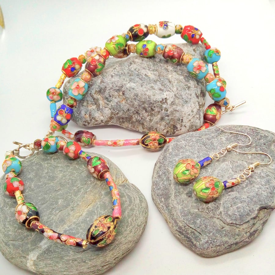 Multi Coloured Cloisonne Bead Jewellery Set, Beaded Jewellery Set, Gift for Her