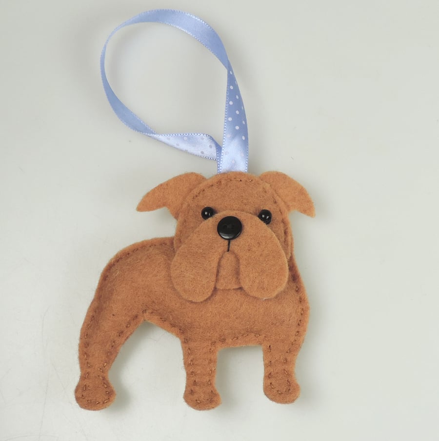 Handmade Felt Standing British Bulldog, Twig Tree Decoration, Dog Lovers Gift