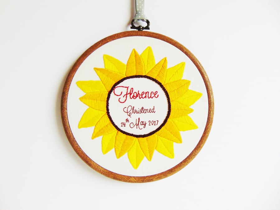 Sunflower Embroidery, Personalised Sunflower Baby Gift, Nursery Wall Art 