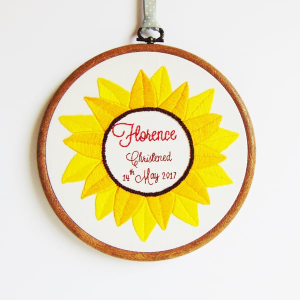 Sunflower Embroidery, Personalised Sunflower Baby Gift, Nursery Wall Art 