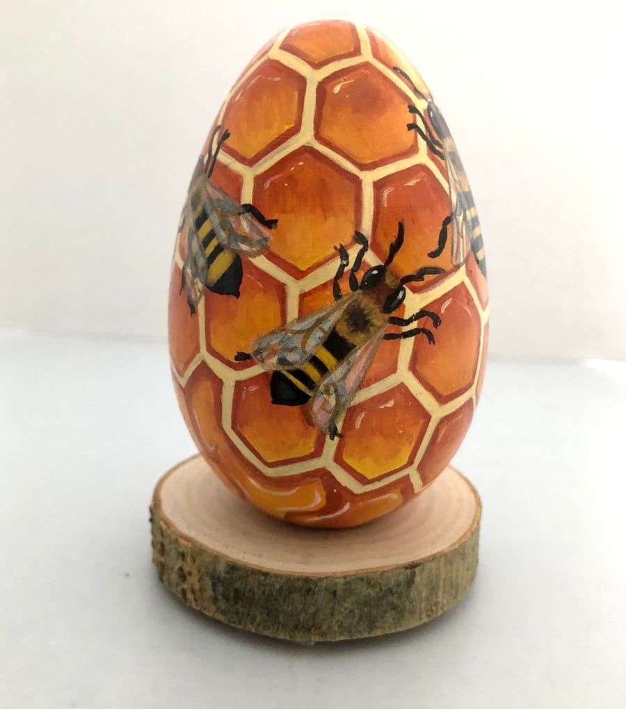 Honey bee hand painted wooden egg ornament 