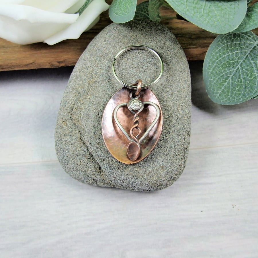 Welsh Love Spoon Bag Charm, Sterling Silver and Copper Keyring