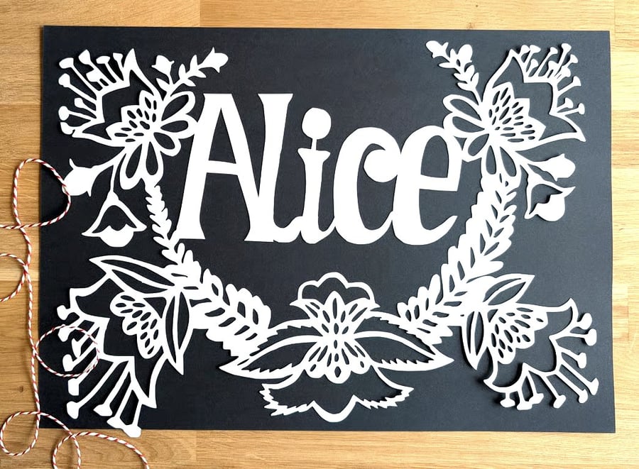 Large Bespoke Custom Personalised Handmade Floral Name Papercut