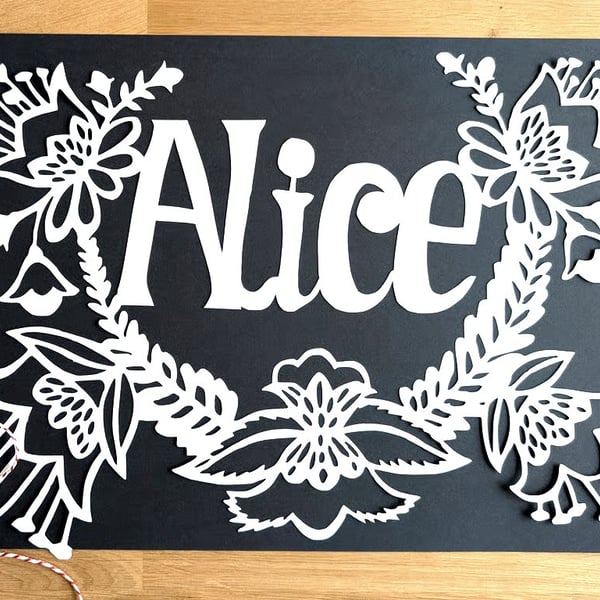 Large Bespoke Custom Personalised Handmade Floral Name Papercut