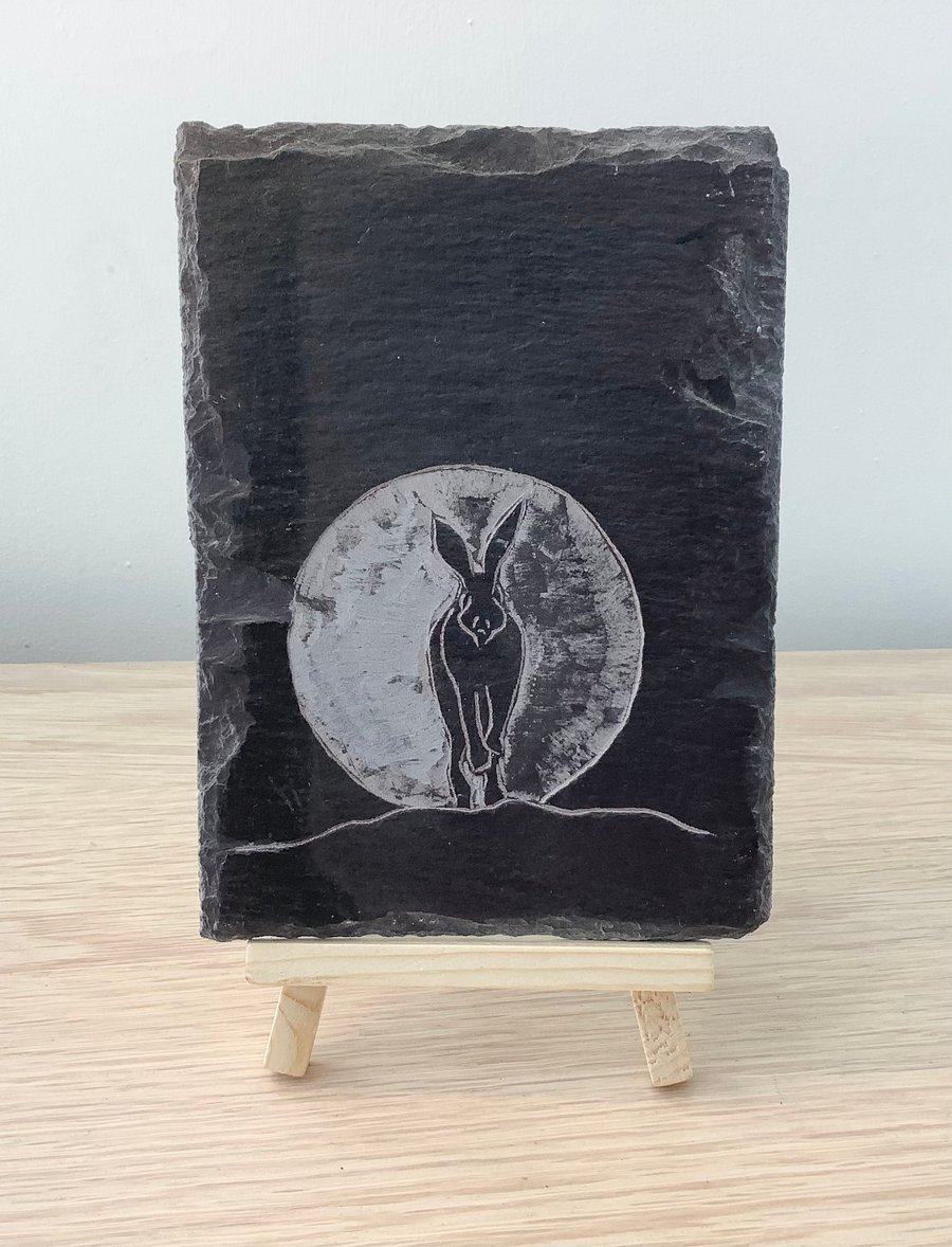 A Beautiful Hare and full moon - original art hand carved on recycled slate