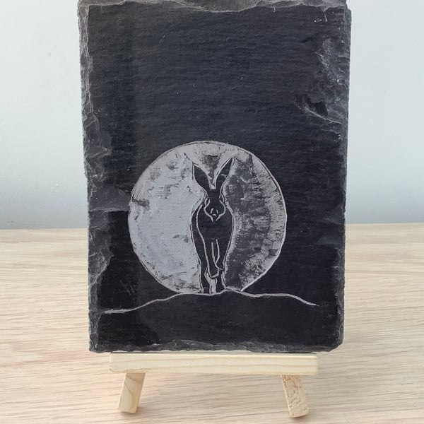 A Beautiful Hare and full moon - original art hand carved on recycled slate