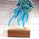 Fused glass jellyfish in oak base 