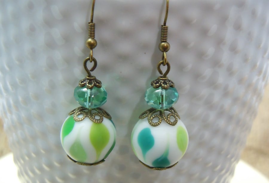Artisan green & white glass bead & crystal earrings