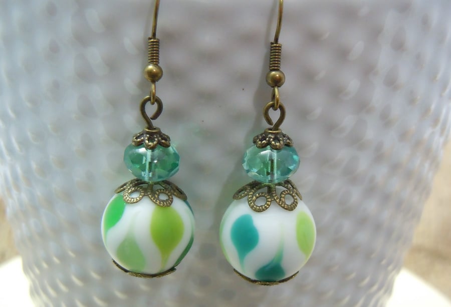 Artisan green & white lampwork glass bead & crystal earrings