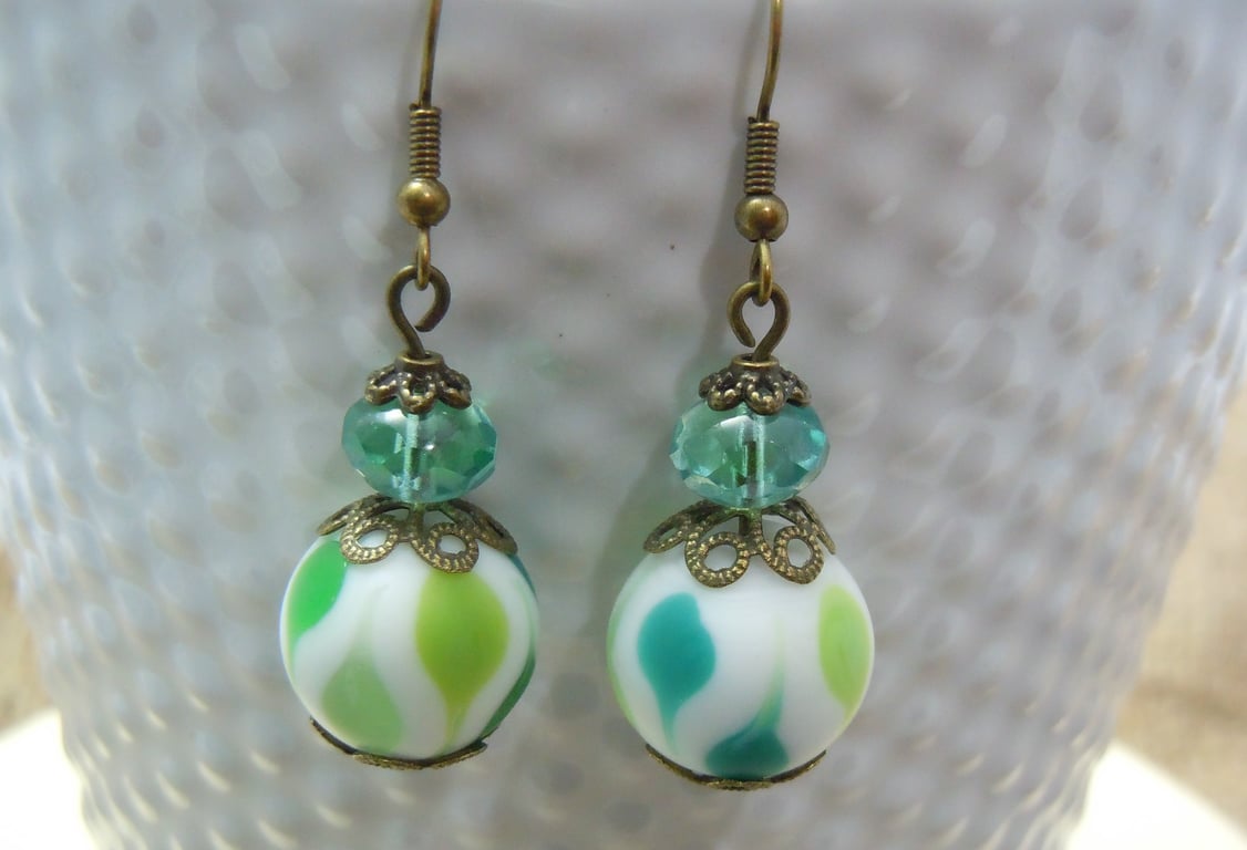Artisan green & white lampwork glass bead & crystal earrings