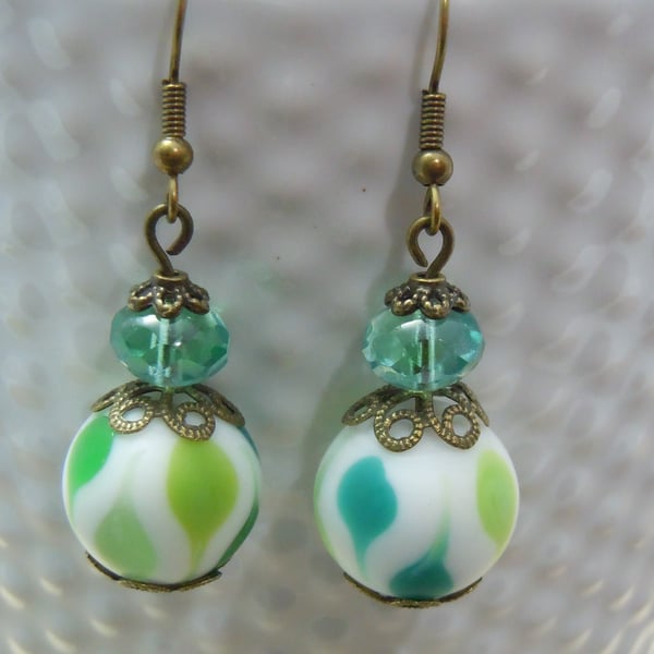 Artisan green & white glass bead & crystal earrings
