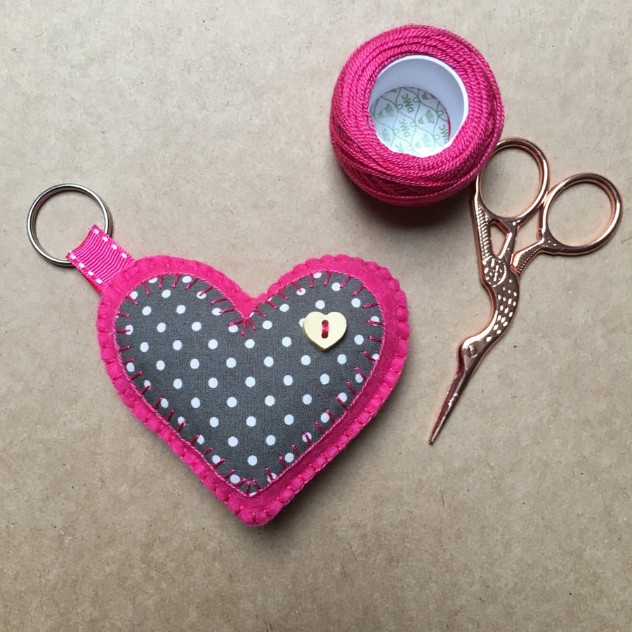 Felt Heart Button Keyring Bag Charm Pink and Grey