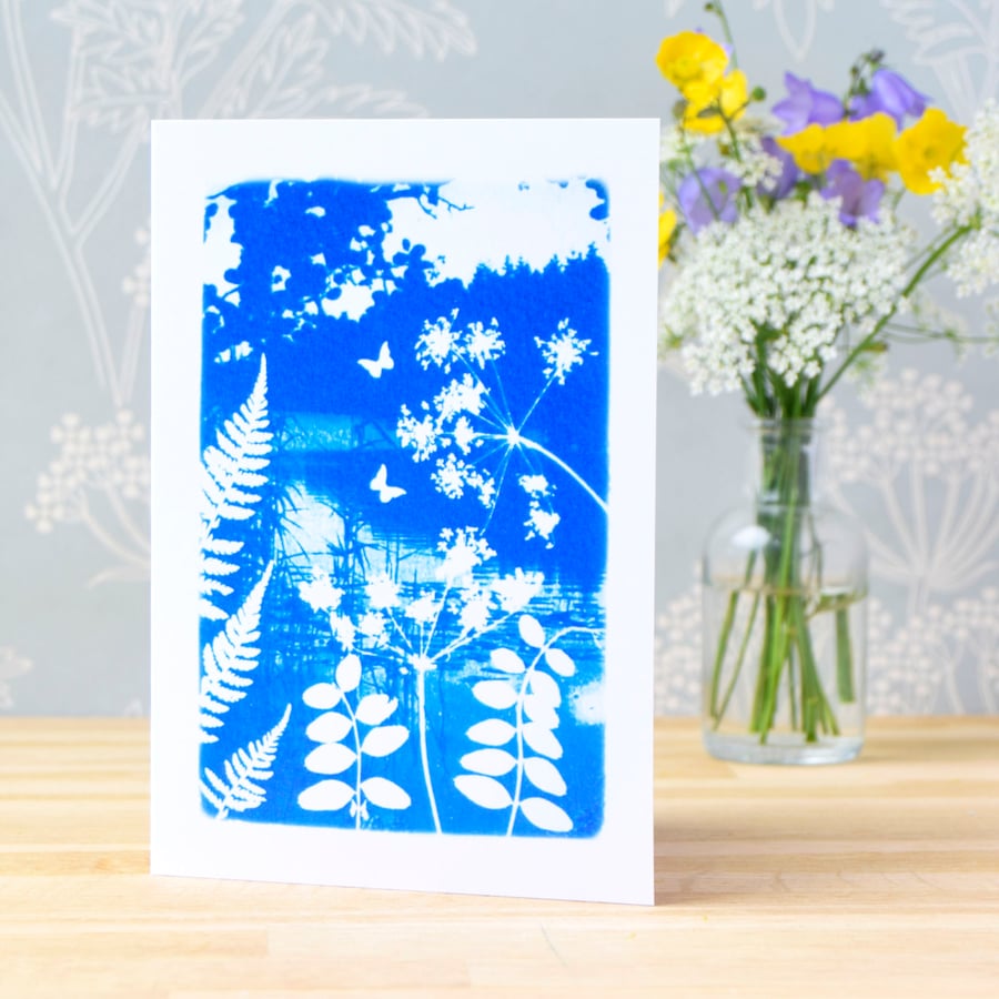 'Folkloric fairytale' design, Blue Cyanotype Art Card, Birthday card