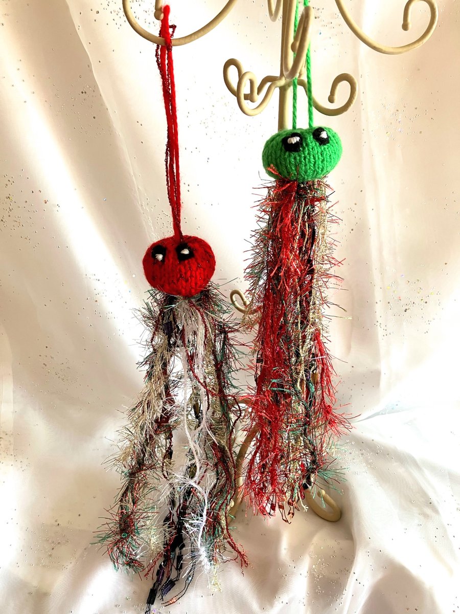 2 hand knitted Jellyfish for Christmas 