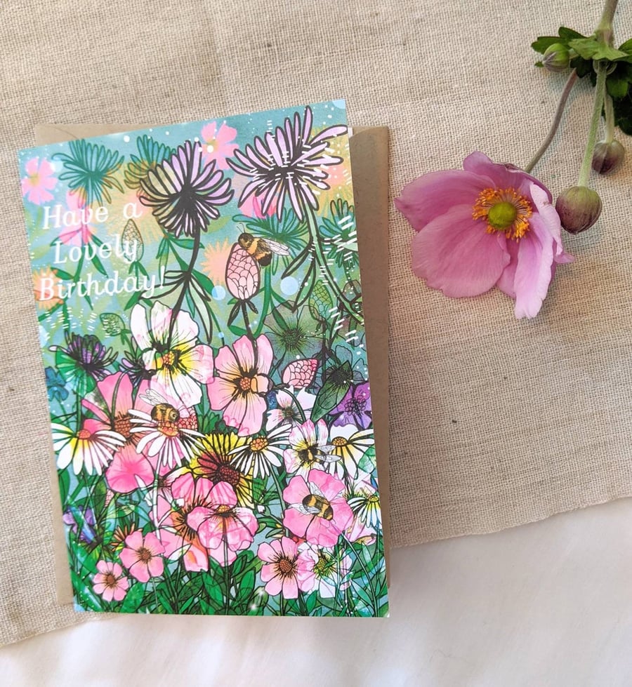 Summer Time Happy Birthday Illustrated Blank A6 Card with Kraft Envelope