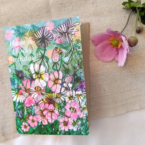 Summer Time Happy Birthday Illustrated Blank A6 Card with Kraft Envelope