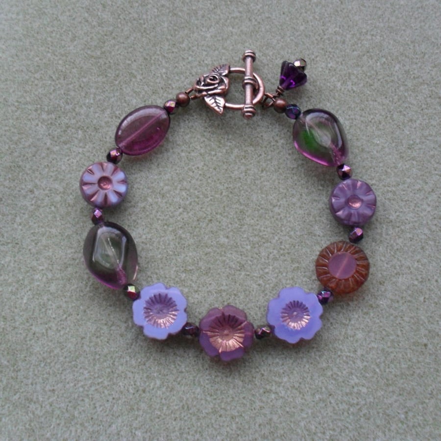 Shades Of Purple Czech Glass Beaded Flower Bracelet