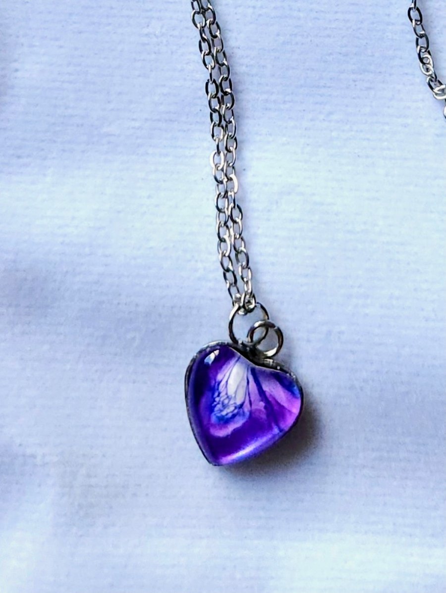 Purple heart paint pour necklace 