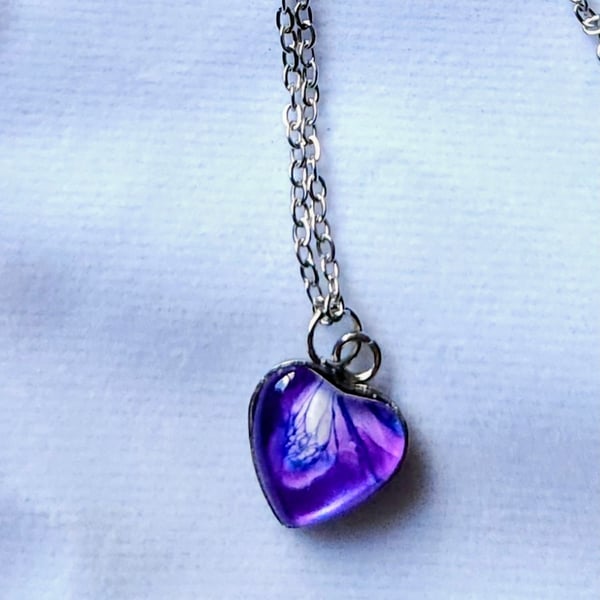 Purple heart paint pour necklace 