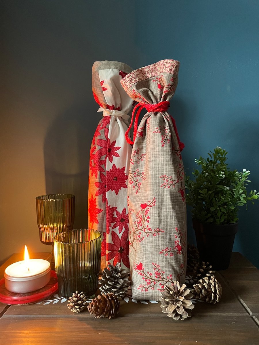 Pair of Christmas Fabric Bottle Gift Bags